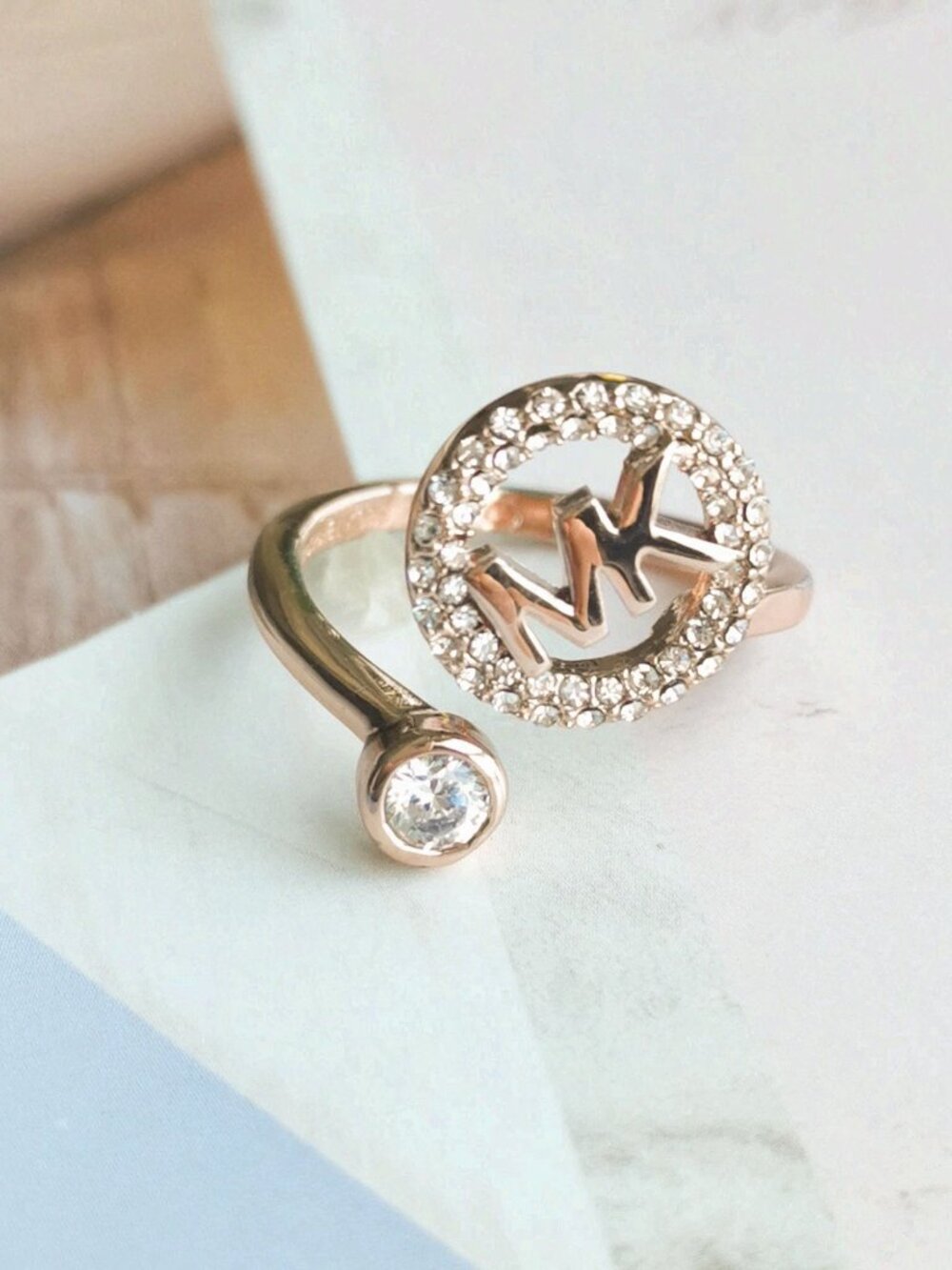 Michael Kors Monogram Logo and Crystal open ring size 7 - Rose Gold